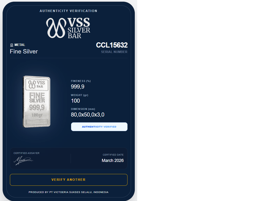 VSS Silver Bar 10 gram Certificate